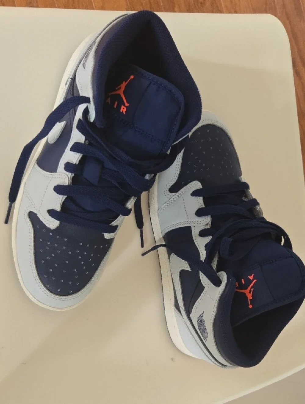 Nike Air Jordan 1 Mid Kid's Sneakers - Navy & Light Grey with Red Accent